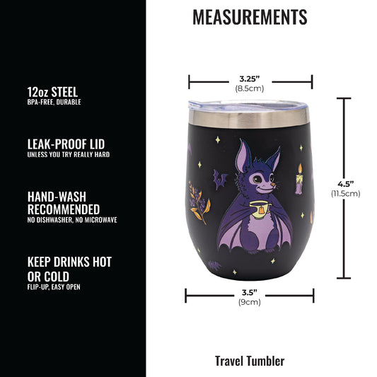 A cute purple bat drinking tea on a 12 oz steel tumbler. The image shows measurements and features of the product.