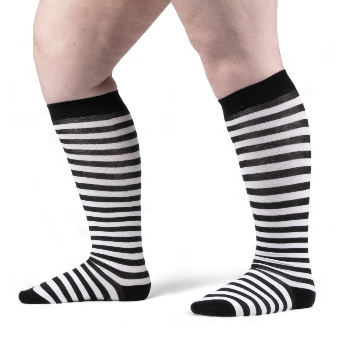 Wide Calf White and Black Stripes Knee High Socks