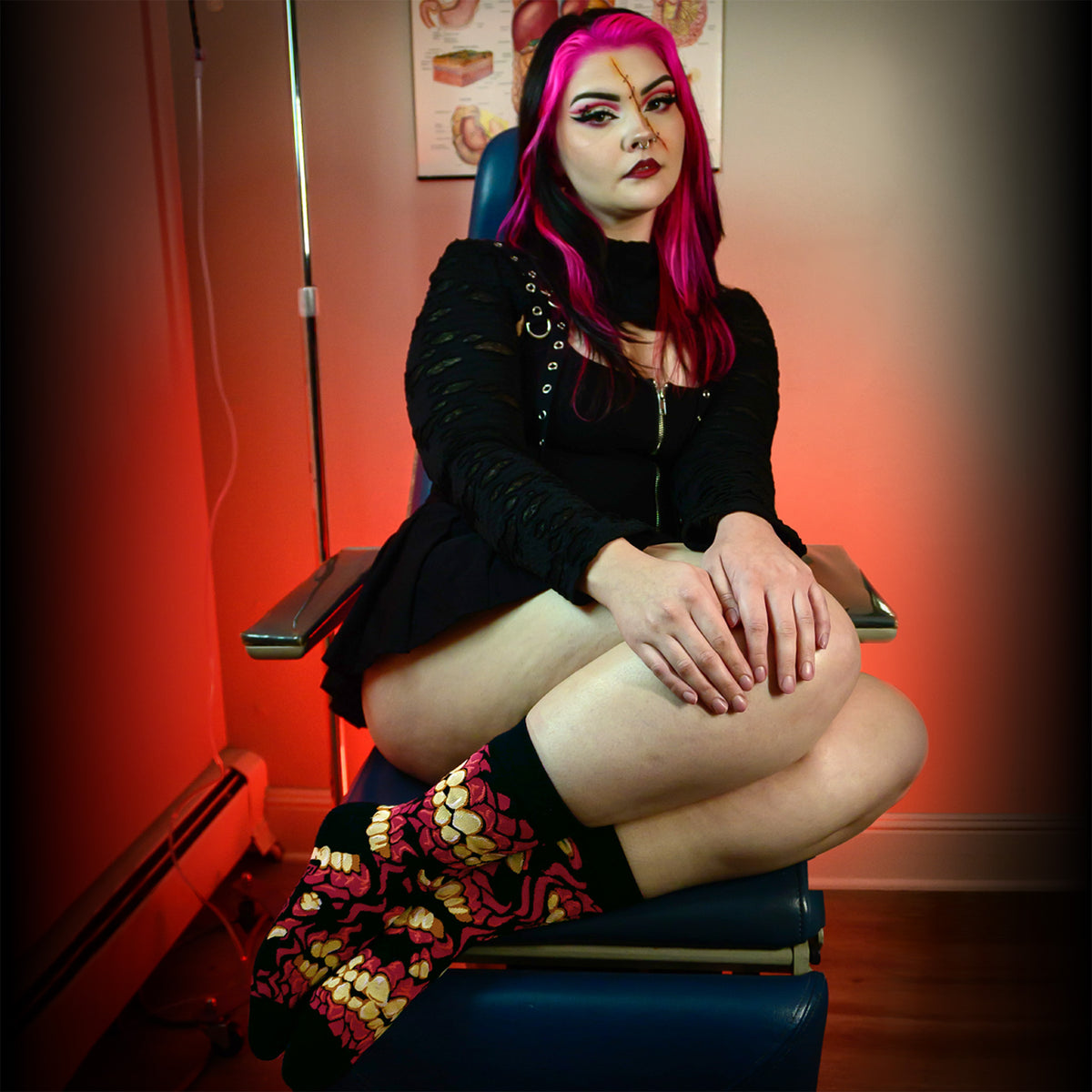FootClothes Chompers Horror Teeth Crew Socks on Model Tatum Sitting in Medical Chair