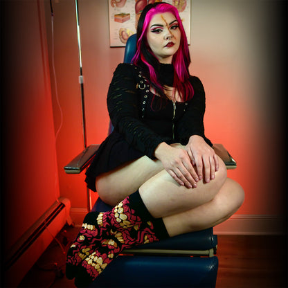 FootClothes Chompers Horror Teeth Crew Socks on Model Tatum Sitting in Medical Chair