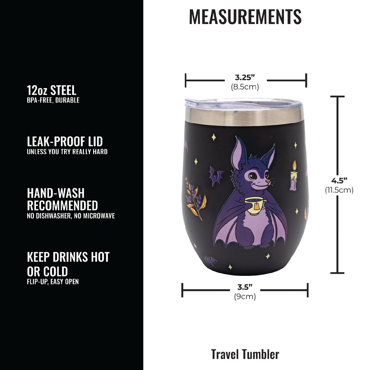 A cute purple bat drinking tea on a 12 oz steel tumbler. The image shows measurements and features of the product.