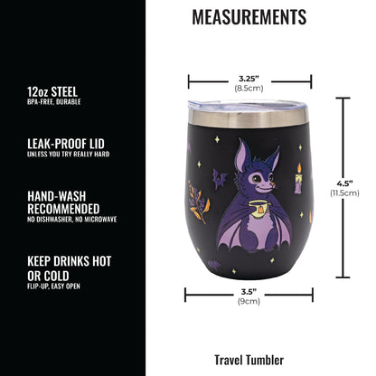 A cute purple bat drinking tea on a 12 oz steel tumbler. The image shows measurements and features of the product.
