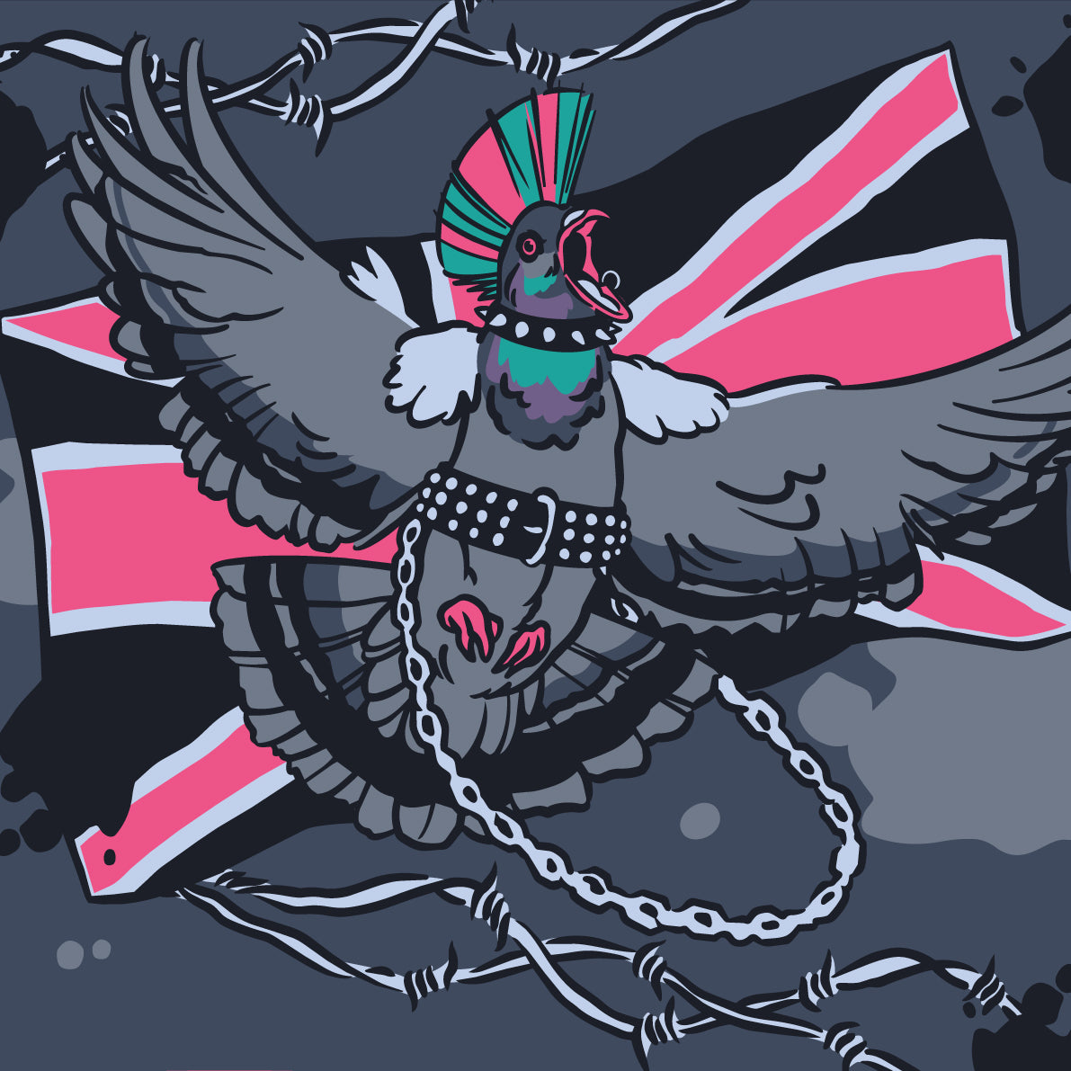 Stylized graphic illustration of a pigeon wearing a green and pink mohawk, studded belt, and chain, set against a black and pink Union Jack flag background with barbed wire.