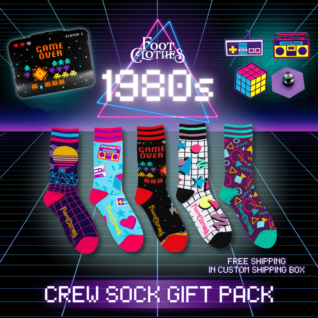 80s Crew Socks | 5 Designs, Pins, and Lunchbox Gift Pack | FootClothes | Sock Pack | 13P5