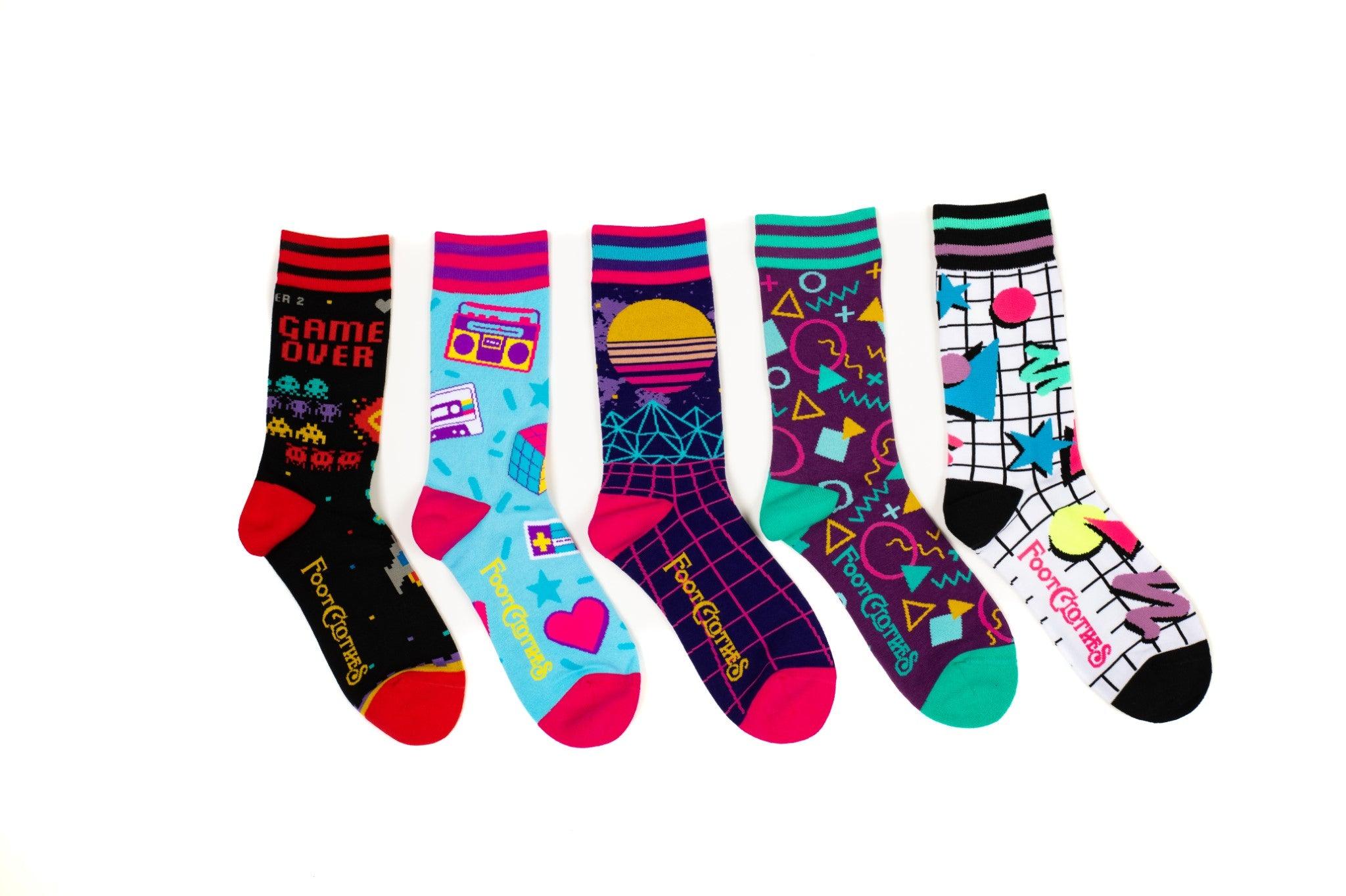 80s Crew Socks | 5 Designs, Pins, and Lunchbox Gift Pack | FootClothes | Sock Pack | 13P5