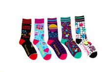 Load image into Gallery viewer, 80s Crew Socks | 5 Designs, Pins, and Lunchbox Gift Pack - FootClothes
