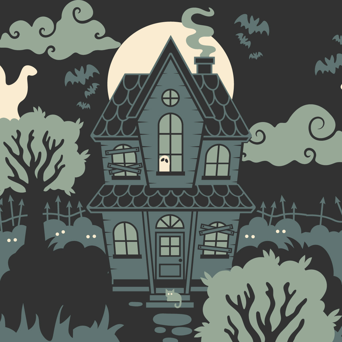 A stylized Halloween illustration of a haunted house at night, with bats, clouds, a full moon, and spooky trees in muted teal, gray, cream, and black tones.
