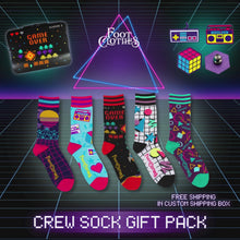 Load and play video in Gallery viewer, 80s Crew Socks | 5 Designs, Pins, and Lunchbox Gift Pack
