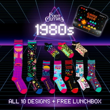 Load image into Gallery viewer, LIMITED OFFER: 80s Sock Pack + Free Lunchbox: All 10 Designs - FootClothes
